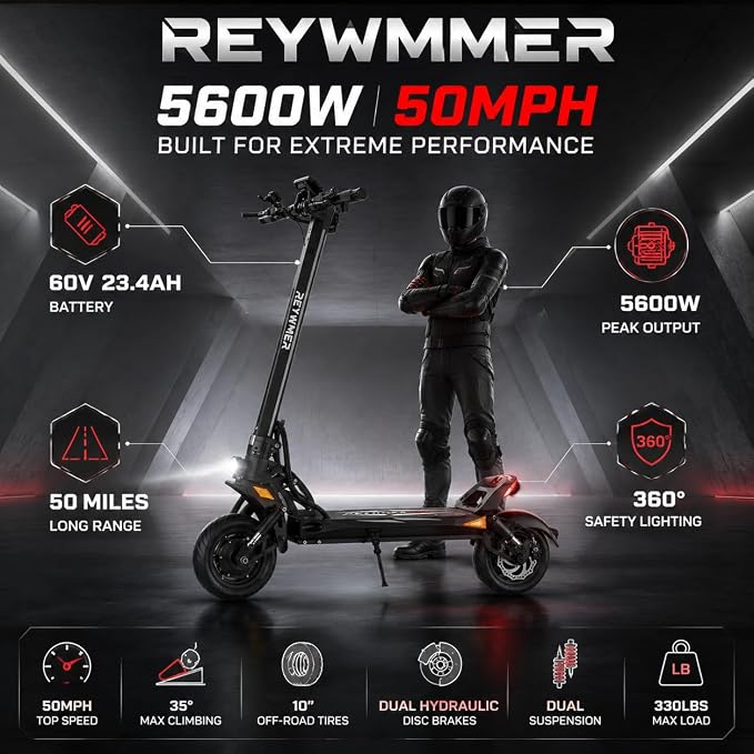 Electric Scooter, 60V 23.4AH, 50MPH Top Speed 50 Mile Range, Dual Motor(Peak 5600W), 10" Off-Road Tires, Dual Suspension, 360° LED Lights, Foldable Commuting & Off-Road Scooter, High Load Capacity