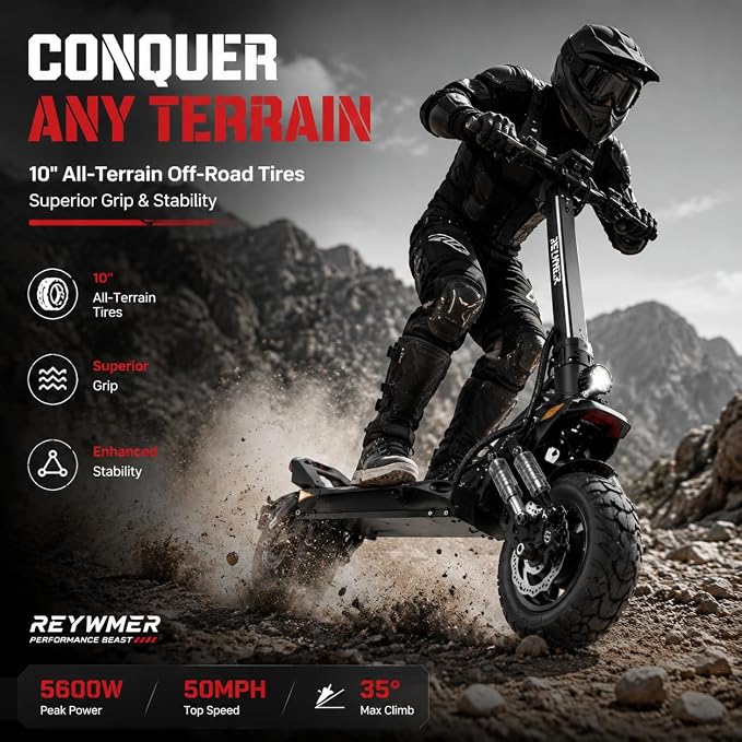 Electric Scooter, 60V 23.4AH, 50MPH Top Speed 50 Mile Range, Dual Motor(Peak 5600W), 10" Off-Road Tires, Dual Suspension, 360° LED Lights, Foldable Commuting & Off-Road Scooter, High Load Capacity