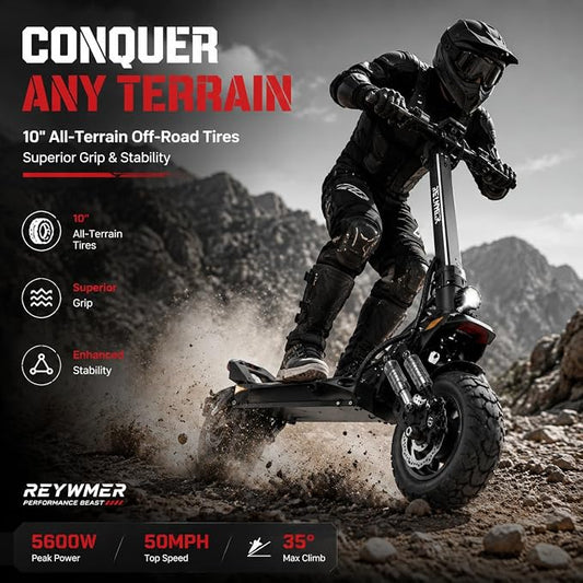 Electric Scooter, 60V 23.4AH, 50MPH Top Speed 50 Mile Range, Dual Motor(Peak 5600W), 10" Off-Road Tires, Dual Suspension, 360° LED Lights, Foldable Commuting & Off-Road Scooter, High Load Capacity
