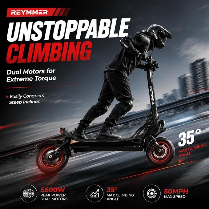 Electric Scooter, 60V 23.4AH, 50MPH Top Speed 50 Mile Range, Dual Motor(Peak 5600W), 10" Off-Road Tires, Dual Suspension, 360° LED Lights, Foldable Commuting & Off-Road Scooter, High Load Capacity